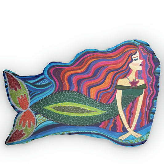 A meditating mermaid watercolor design with pink flowing hair a green dress and cool tail swimming in cool blue ocean waters eyes closed hands crossed - a pillow cuddle-buddy doll in minky velveteen fabric - 4 sizes up to 28 inches tall.