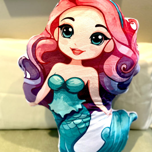 Retro mermaid girl is wearing a teal green skirt/tail and strapless top - red & purple long swingy hair and teal blue big sweet eyes - a cuddle-buddy pillow doll in 4 sizes up to 28 inches tall - minky soft and comforting to cuddle - small is perfect for traveling as a comfort-buddy that will start conversations yes! So fun!