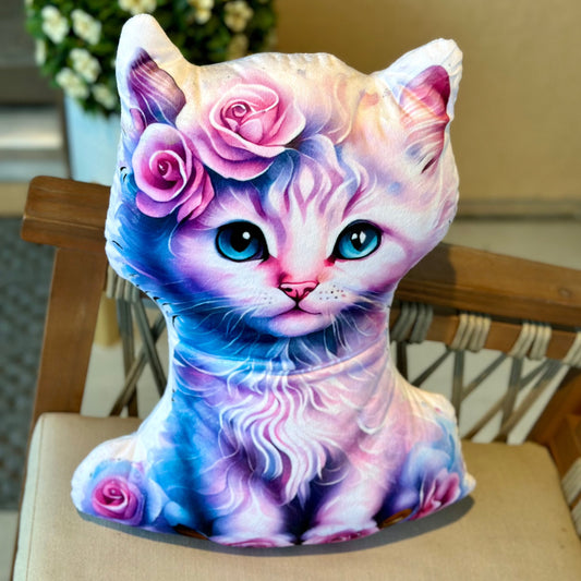 Mimi Rose pink cuddle-buddy Kitty is adorable and fluffy - roses above her bright blue eyes and at her paws - she is looking right at you with her sweet blue eyes - she is made of minky soft velveteen fabric - in 4 sizes up to 28 inches!